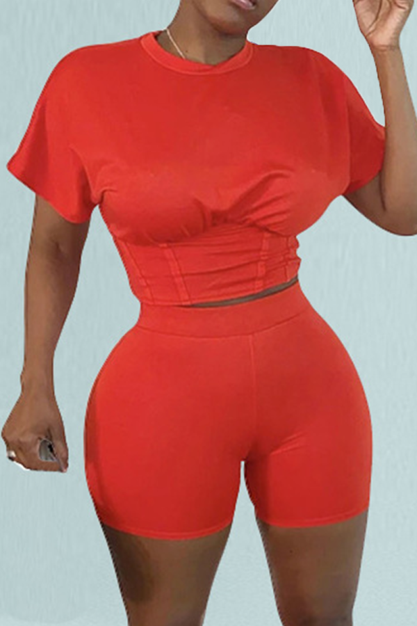 Red Casual Solid Patchwork O Neck Short Sleeve Two Pieces