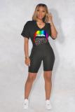 Black Fashion adult Street Patchwork Print Lips Print pencil Short Sleeve Two Pieces