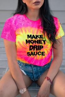 Rose Red Street Patchwork Tie-dye O Neck T-Shirts