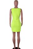Orange Sexy Fashion Spaghetti Strap Sleeveless Slip Hip skirt Mini Fluorescent Print Solid Casua