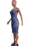 Blue Fashion Casual adult Ma'am Spaghetti Strap Sleeveless Slip Pencil Dress Knee-Length Print Leopard Dresses