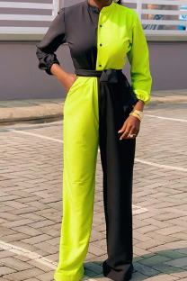 Green Solid Patchwork Mandarin Collar Harlan Jumpsuits