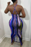 Red Fashion Sexy Print Backless Slit Spaghetti Strap Sleeveless Dress