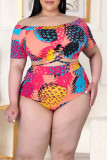 Multicolor Fashion Sexy Print Hot Drilling Backless Off the Shoulder Plus Size Swimwear