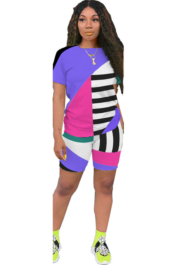 purple Fashion Active adult Patchwork Print contrast color Two Piece Suits pencil Short Sleeve Two Pieces