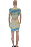 multicolor Sexy Short Sleeves O neck Step Skirt Mini Print bandage Draped Tie and dye Dresses