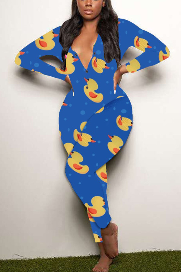 Blue Living Print V Neck Skinny Jumpsuits