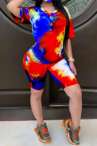 Red Fashion Casual adult Patchwork Print Tie Dye Two Piece Suits Straight Short Sleeve Two Pieces