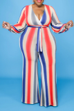 Red Casual Striped Patchwork V Neck Plus Size Jumpsuits