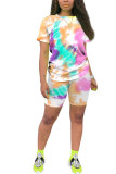 Orange Fashion Active Casual Patchwork Print Tie Dye Straight Short Sleeve Two Pieces