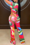 Red Sexy Print Bandage V Neck Sleeveless Two Pieces