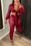 Burgundy Fashion Sexy Solid Patchwork See-through V Neck Long Sleeve Two Pieces