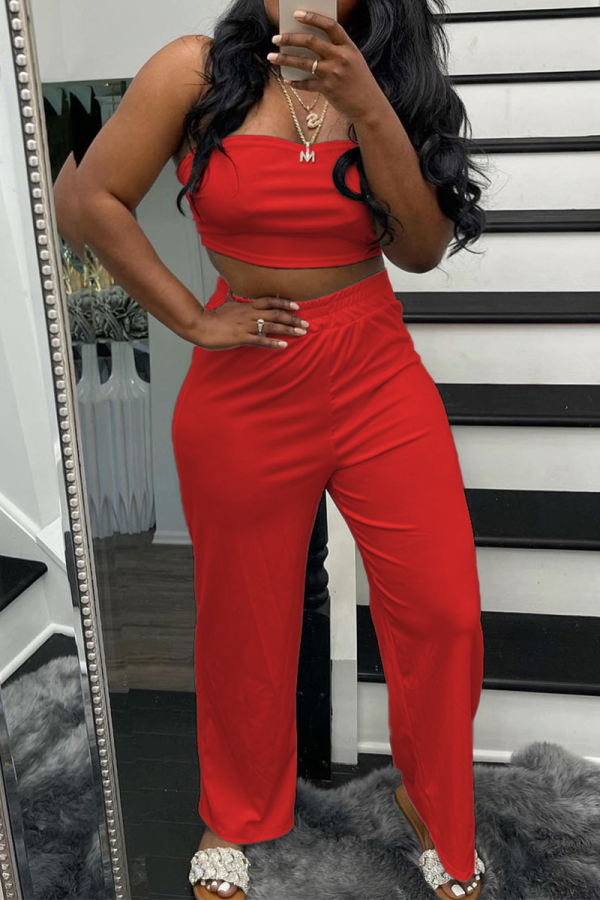 Red Sexy Solid Patchwork Strapless Sleeveless Two Pieces