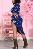 Rose Red Sexy Print Butterfly Print Patchwork O Neck Pencil Skirt Dresses
