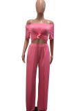 Pink Fashion Casual adult Ma'am One word collar Patchwork Solid asymmetrical Two Piece Suits Stitching Plus Size