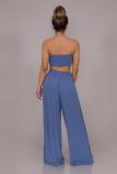 Blue Fashion Sexy crop top Slim fit Two Piece Suits Beading asymmetrical Solid bow-knot Straigh