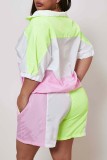 Pink Fashion Casual adult Ma'am Turndown Collar Patchwork Two Piece Suits Stitching Plus Size