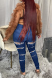 Dark Blue Fashion Casual Solid Ripped High Waist Skinny Jeans