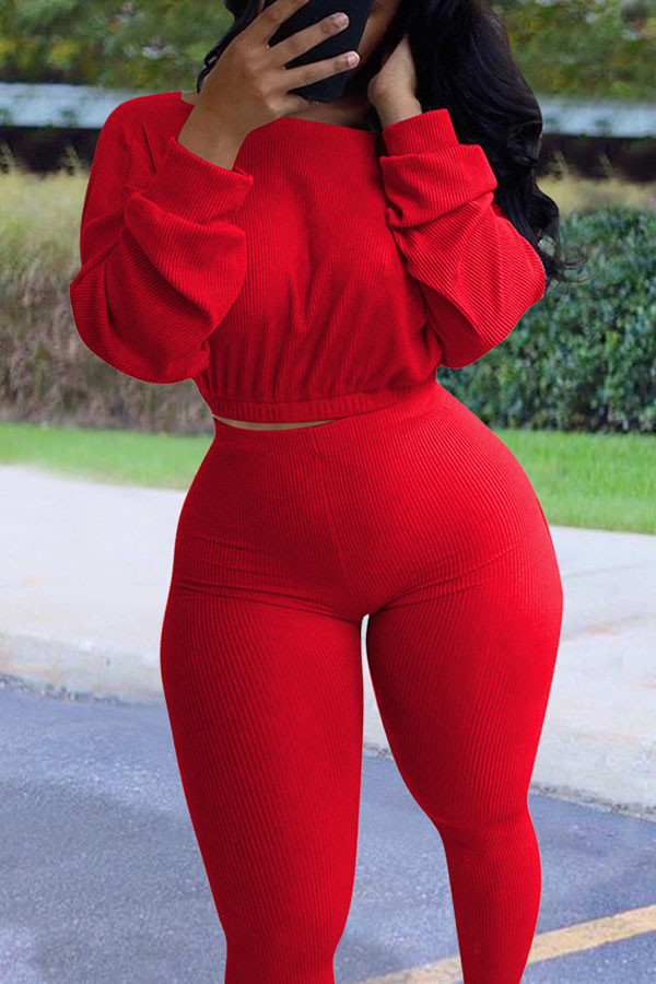 Red Active Europe and America Street Solid Skinny Long Sleeve Two Pieces