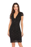 Wine Red Sexy Short Sleeves V Neck Slim Dress Knee-Length Solid 