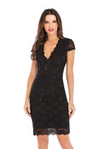 Black Sexy Short Sleeves V Neck Slim Dress Knee-Length Solid 