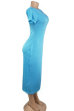 Cyan Fashion Casual White Red Black Orange Yellow Cyan Cap Sleeve Short Sleeves O neck Pencil Dress Mid-Calf Solid Dresses