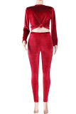 Red Velvet Lightly cooked Fashion adult Solid Two Piece Suits pencil Long Sleeve Two-piece Pants Set