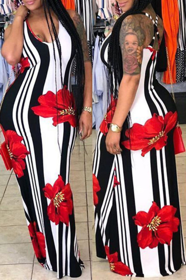 Red Fashion Spaghetti Strap Sleeveless Slip Sheath Floor-Length Paisley Print Floral Dresses