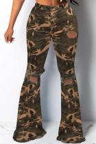 Camouflage Casual Camouflage Print Patchwork Mid Waist Boot Cut Denim