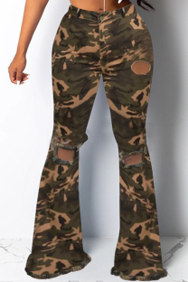 Camouflage Casual Camouflage Print Patchwork Mid Waist Boot Cut Denim