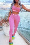 Black Casual Sportswear Letter Print Basic One Shoulder Sleeveless Two Pieces