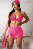 Yellow Denim Button Fly Zipper Fly Mid Asymmetrical Patchwork Straight shorts 