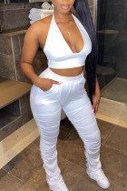 White Casual Solid Bandage Patchwork Backless Halter Sleeveless Two Pieces