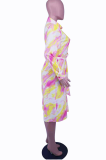 Red Casual Print Patchwork Turndown Collar Shirt Dress Dresses