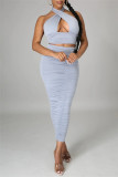 Silver Sexy Solid Hollowed Out Backless Fold Halter Sleeveless Two Pieces