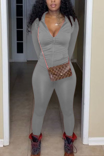 Grey Fashion Sexy Solid Zipper Collar Long Sleeve Regular Sleeve Regular Two Pieces