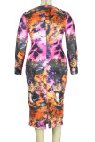 Orange Sexy Twilled Satin Print O Neck Long Sleeve Mid Calf Pencil Skirt Dresses