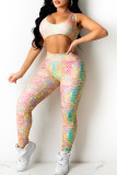 Multi-color Casual Sportswear Print Vests Pants U Neck Sleeveless Two Pieces