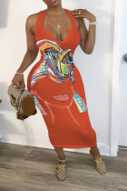 Brick red OL V Neck Print Pattern Plus Size