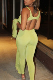 Fluorescent green Sexy Solid Patchwork Spaghetti Strap Long Sleeve Two Pieces