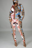 Multicolor Fashion Casual Print Basic Turndown Collar Long Sleeve Two Pieces