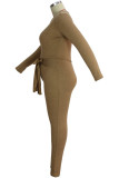 Khaki Fashion adult Ma'am OL O Neck Solid Two Piece Suits Plus Size