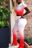 Red Casual Print Boot Cut Short Sleeve Two Pieces