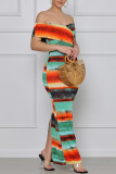 Colour Fashion Sexy Print Backless Slit Off the Shoulder Short Sleeve Dress