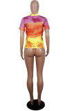 Blue White Blue Orange Yellow colour O Neck Short Sleeve Patchwork Print Character Tops