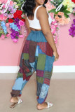 Light Blue Fashion Casual Print Pocket Regular High Waist Trousers