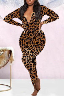 Brown Casual Living Print Basic V Neck Regular Jumpsuits
