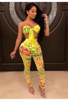 Yellow Sexy Fashion Letter perspective asymmetrical Slim fit crop top Solid backless Bandage Two