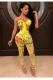Yellow Sexy Fashion Letter perspective asymmetrical Slim fit crop top Solid backless Bandage Two