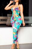 Multicolor Fashion Sexy Print Bandage Hollowed Out Backless Spaghetti Strap Regular Jumpsuits